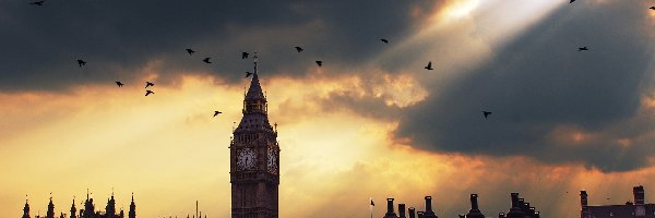 Londyn, Promienie, Zachód Słońca, Big Ben