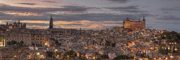 Zmierzch, Miasta, Światła, Hiszpania, Panorama, Toledo