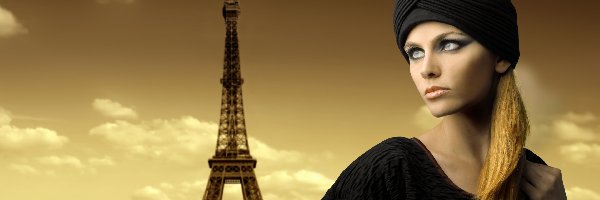 Turban, Blondynka, Kobieta, Makijaż, Wieża Eiffla, Paryż
