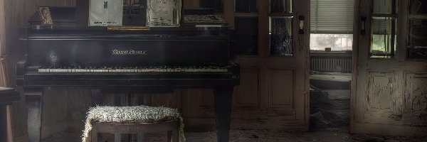 Pianino, Okno, Stołek, Nuty, Pokój, Zaniedbane