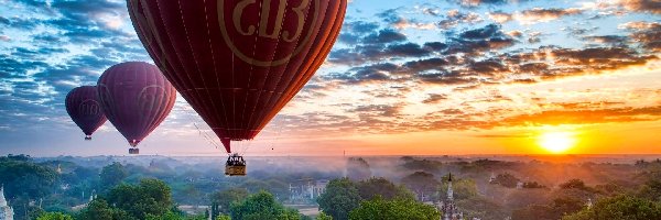 Balony, Chmury, Niebo, Zachód Słońca