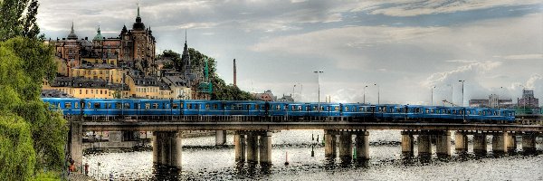 Miasto, Rzeka, Most, Pociąg, Drzewa