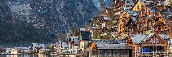 Jezioro, Miasteczko, Góry, Austria, Hallstatt