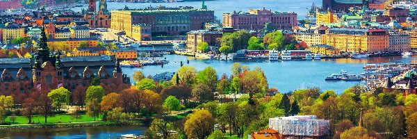 Miasta, Budynki, Sztokholm, Mosty, Rzeka, Panorama, Szwecja