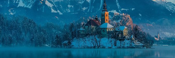 Słowenia, Zima, Góry, Kościół, Domy, Bled, Jezioro