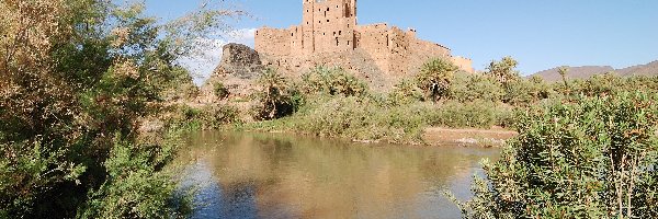 Kasbah, Woda, Zieleń, Maroko, Ruiny, Zamek
