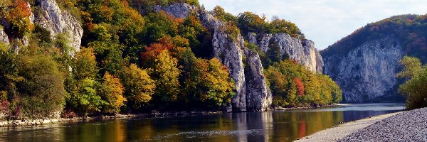Skały, Jesień, Drzewa, Rzeka
