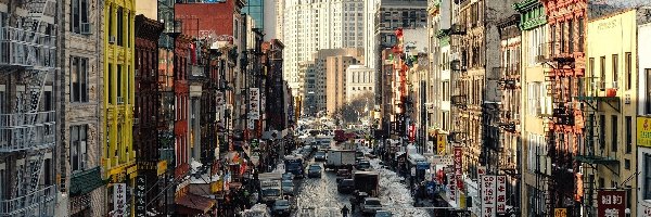 Ludzie, Chinatown, Domy, Samochody, Nowy Jork, Stany Zjednoczone