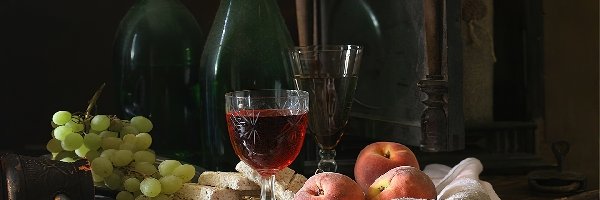 Wino, Butelki, Kieliszki, Owoce