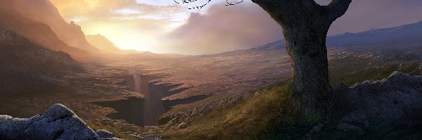 Kamienie, Góry, Drzewo, Andreas Rocha, Chmury