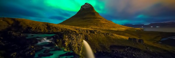 Kamienie, Wodospad Kirkjufellsfoss, Rzeka, Zorza polarna, Góra Kirkjufell, Islandia