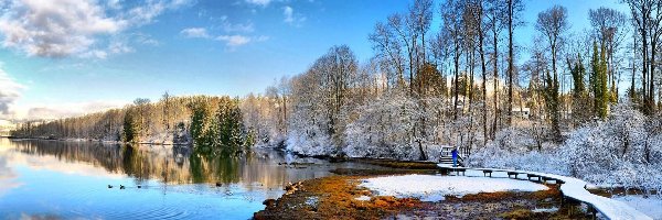 Mostek, Śnieg, Drzewa, Rzeka