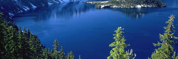 Oregon, Drzewa, Jezioro, Śnieg, Góry