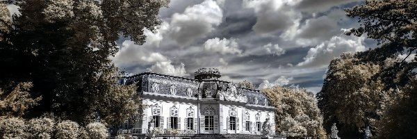 Sepia, Niemcy, Posągi, Düsseldorf, Pałac Benrath, Drzewa, Park