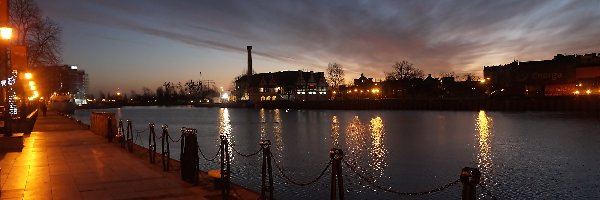 Woda, Wschód Słońca, Budynki, Gdańsk, Nabrzeże, Miasto