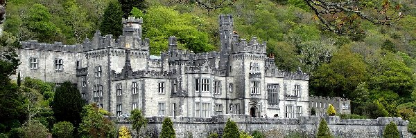 Jezioro Kylemore Lough, Hrabstwo Galway, Irlandia, Drzewa, Mainistir na Coille Móire, Opactwo Kylemore Abbey