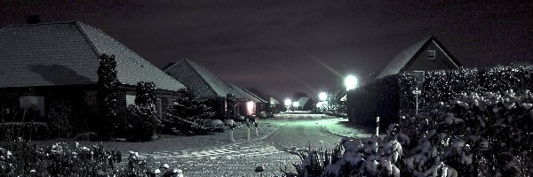 Zima, Domki, Nocą, Śnieg, Światła