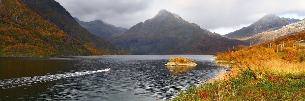 Góry, Wysepka, Jezioro, Jesień, Motorówka