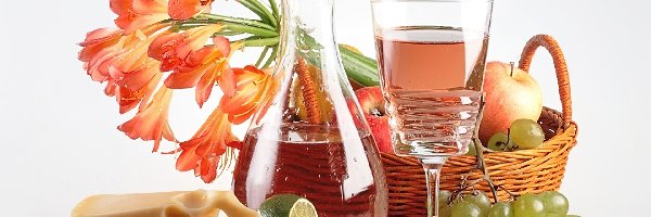 Wino, Wiklinowy, Kosz, Kwiaty, Pomarańczowe, Ser, Winogrona