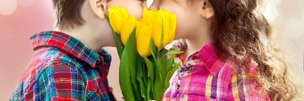 Chłopiec, Bukiet, Dziewczynka, Tulipany, Żółte