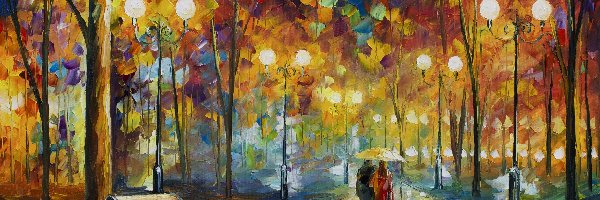 Park, Para, Deszcz, Afremov, Leonid, Jesień, Aleja