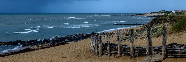 Plaża, Fale, Morze, Budynki, Kamienie