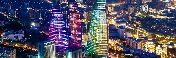 Panorama, Nocą, Miasta, Baku