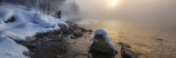 Jezioro, Kamienie, Mgła, Postać, Las