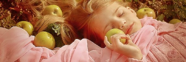 Dziewczynka, Jabłka, Ogród, Śpiąca