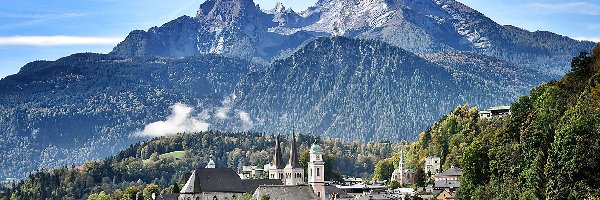 Lasy, Miasteczka, Góry, Mgła, Panorama, Berchtesgaden