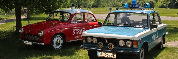 Milicja, Fiat 125p, Czerwona, Niebieski, Samochody, Straż, Syrenka