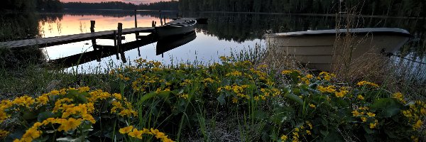 Łodzie, Pomost, Wieczór, Jezioro