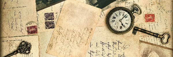 Listy, Klucze, Zegarek Kieszonkowy, Vintage, Pióra