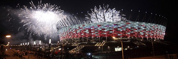 Ludzie, Stadion Narodowy, Fajerwerki, Noc, Warszawa, Polska