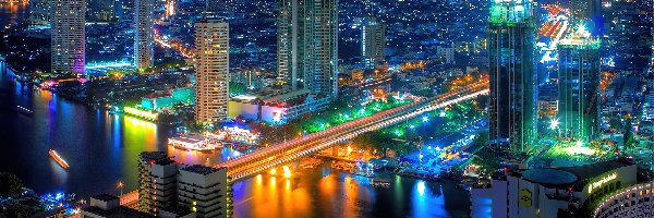 Bangkok, Nocą, Miasto, Most, Rzeka