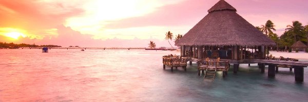 Morze, Malediwy, Zachód Słońca, Domek