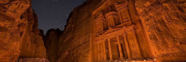 Noc, Petra, Świątynia, Jordania, Światło