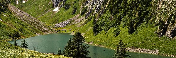 Jezioro, Szwajcaria, Ławka, Góry
