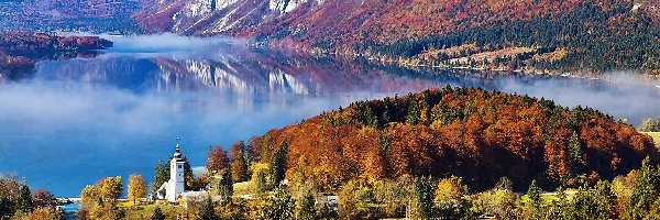 Kościół, Bohinj, Las, Jesień, Jezioro, Góry