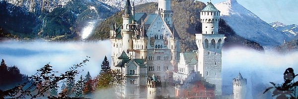 Góry, Drzewa, Mgła, Neuschwanstein, Zamek