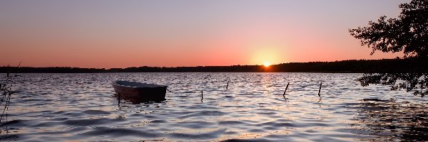 Wschód, Jezioro, Słońca, Las, Łódka