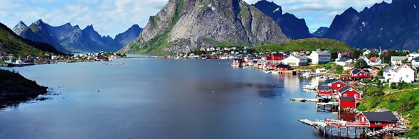 Norwegia, Wioska Reine, Lofoty, Jezioro, Góry