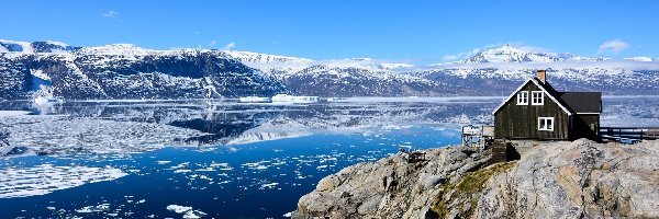 Rzeka, Dom, Góry, Zima, Grenlandia, Wyspa Uummannaq