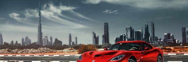 Czerwony, Samochód, Dubaj, Dodge, Miasto, Sportowy, Burj Khalifa, Viper
