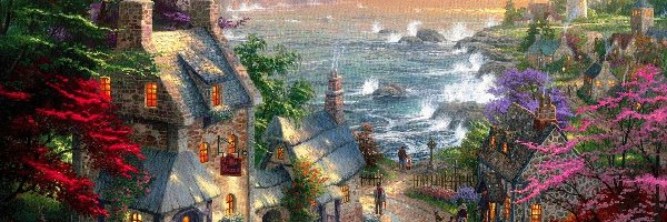 Wybrzeże, Thomas Kinkade, Latarnia Morska, Domy