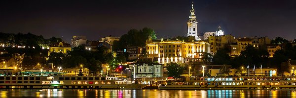 Rzeka, Statki, Nabrzeże, Belgradu, Nocna Panorama