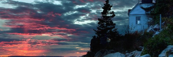 Bass Harbor, Morze, Zachód Słońca, Maine, Morska, Latarnia