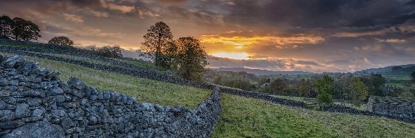 Łąka, Wzgórza, Wschód słońca, Anglia