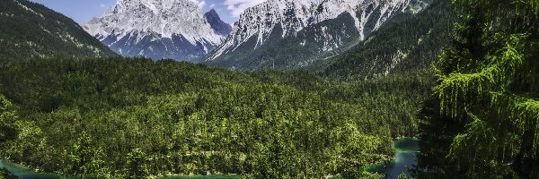 Wettersteingebirge, Góry, Rzeka, Lasy, Alpy bawarskie, Szczyt, Zugspitze, Niemcy