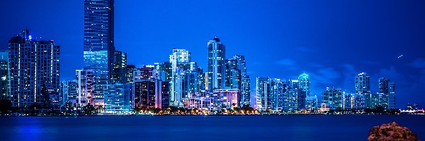 Noc, Miami, Floryda, Ocean, Wiezowce, Miasta, Panorama